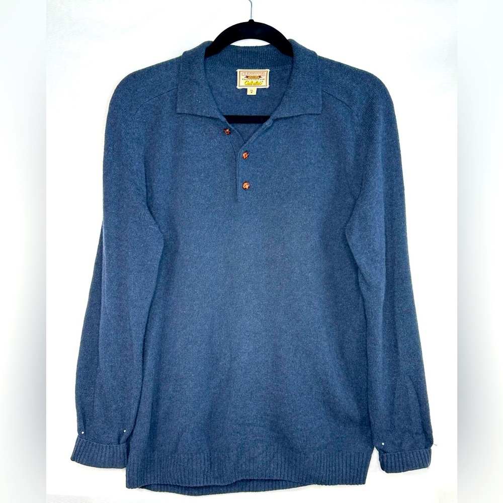 Cabela’s Henley Blue Lambswool Sweater Classic Business‎ Casual Preppy Sz L